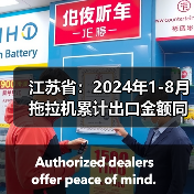 江苏省：2024年1-8月拖拉机累计出口金额同比下降24.9%（图2）